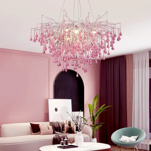 Delicate kids pink crystal chandelier with tree branch design and dangling teardrop crystals for bedroom decorbites decor