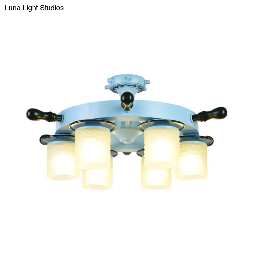 DecorBites™ DecorBites™ Kids Room Semi Mount Cartoon Blue Rudder Flush Ceiling Lamp with Opal Glass Shade - 6 Heads