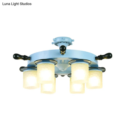 DecorBites™ DecorBites™ Kids Room Semi Mount Cartoon Blue Rudder Flush Ceiling Lamp with Opal Glass Shade - 6 Heads