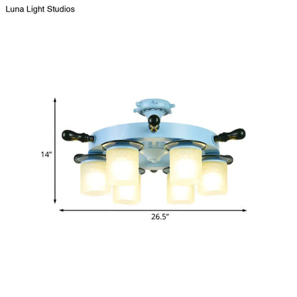 DecorBites™ DecorBites™ Kids Room Semi Mount Cartoon Blue Rudder Flush Ceiling Lamp with Opal Glass Shade - 6 Heads