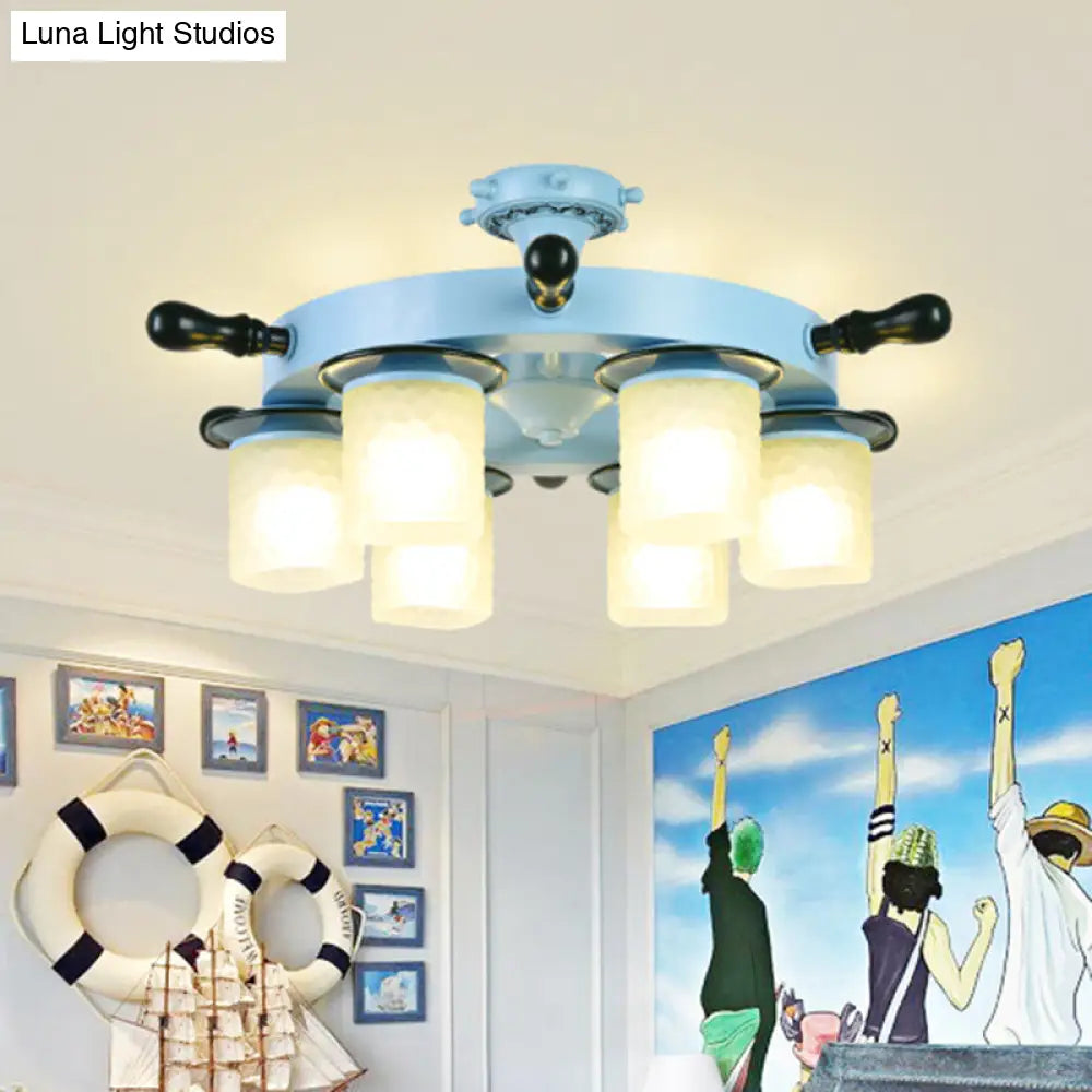 DecorBites™ DecorBites™ Kids Room Semi Mount Cartoon Blue Rudder Flush Ceiling Lamp with Opal Glass Shade - 6 Heads
