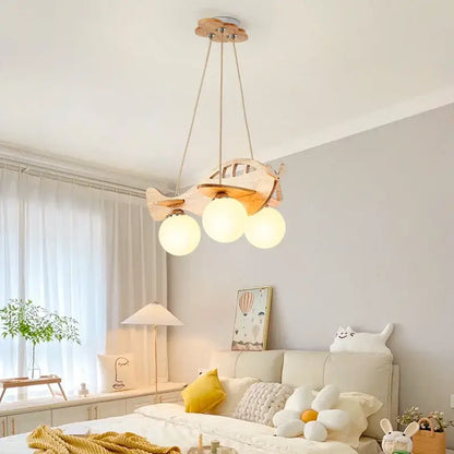Wooden kids wood airplane pendant light with three frosted glass globe bulbs for bedroom decorbites kids wood decor
