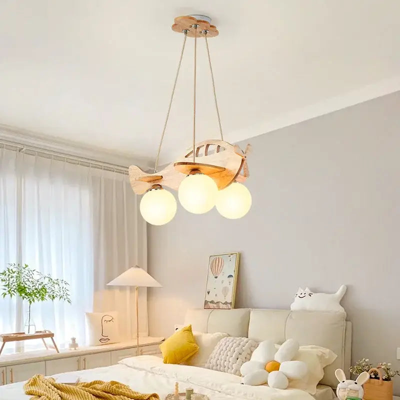 Wooden kids wood airplane pendant light with three frosted glass globe bulbs for bedroom decorbites kids wood decor