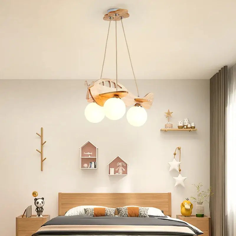 Wooden kids wood airplane pendant light with three frosted glass globe bulbs perfect for children bedroom decorbites