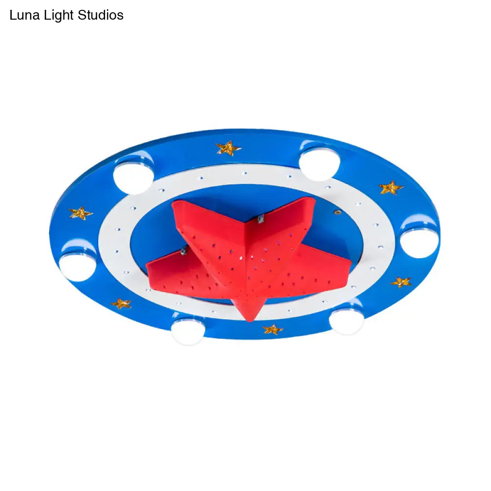 DecorBites™ DecorBites™ Kids Wood Round Flush Mount Lamp: 6-Head Blue Ceiling Fixture with Red Starfish Shade
