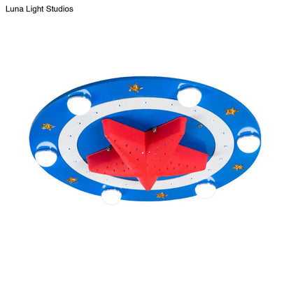 DecorBites™ DecorBites™ Kids Wood Round Flush Mount Lamp: 6-Head Blue Ceiling Fixture with Red Starfish Shade
