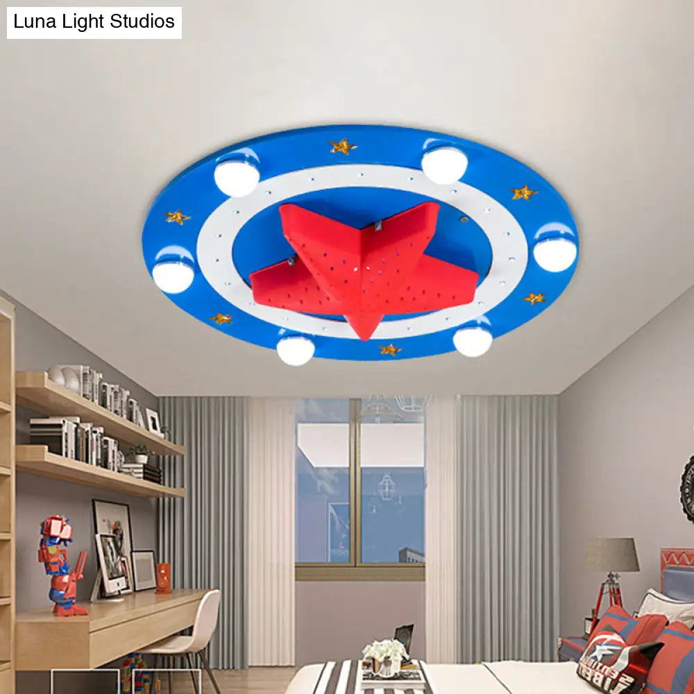DecorBites™ DecorBites™ Kids Wood Round Flush Mount Lamp: 6-Head Blue Ceiling Fixture with Red Starfish Shade