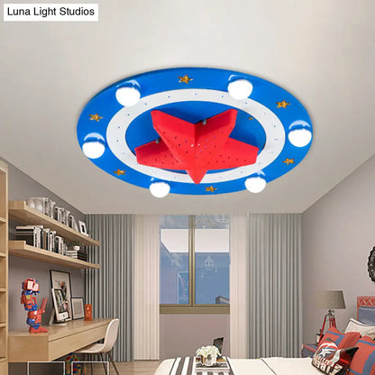 DecorBites™ DecorBites™ Kids Wood Round Flush Mount Lamp: 6-Head Blue Ceiling Fixture with Red Starfish Shade