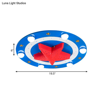 DecorBites™ DecorBites™ Kids Wood Round Flush Mount Lamp: 6-Head Blue Ceiling Fixture with Red Starfish Shade