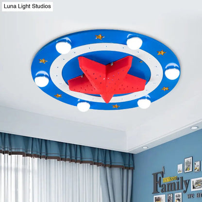 DecorBites™ DecorBites™ Kids Wood Round Flush Mount Lamp: 6-Head Blue Ceiling Fixture with Red Starfish Shade