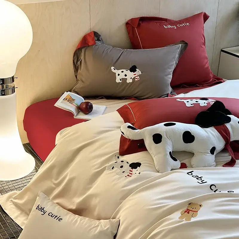 Cute white and black dalmatian plush toy with red scarf on king bear embroidered white and red bedding set by decorbites