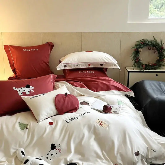 White king bear embroidered bedding set with red and black animal embroidery and matching pillows by decorbites king bear