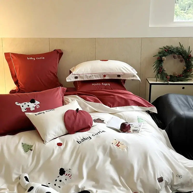 White king bear embroidered bedding set with red and black animal embroidery and matching pillows by decorbites king bear