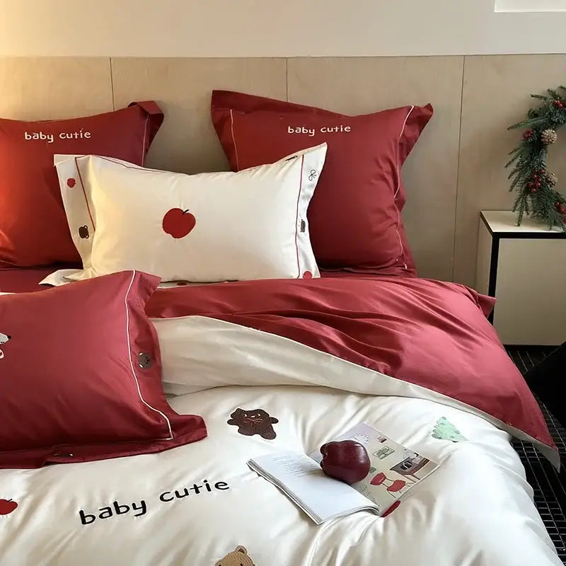 King bear embroidered white and red bedding set with baby cutie apple and bear embroidery by decorbites king bear