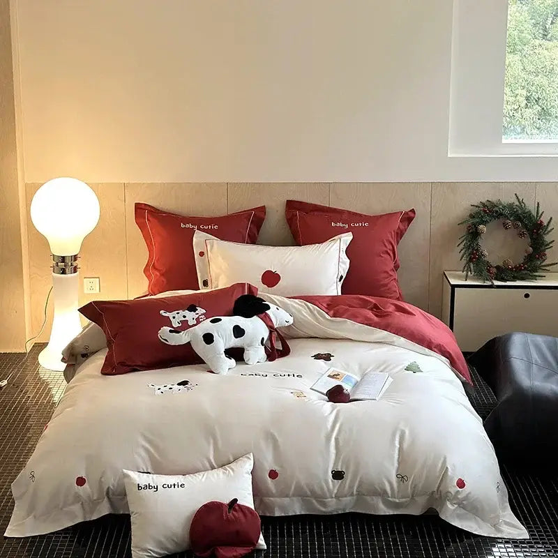 White and red king bear embroidered bedding set featuring baby cutie design with dalmatian and apple motifs by decorbites king bear