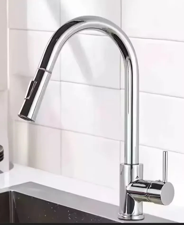 Chrome-finished stainless steel kitchen faucet with single hole installation and sleek arched pull-down spout