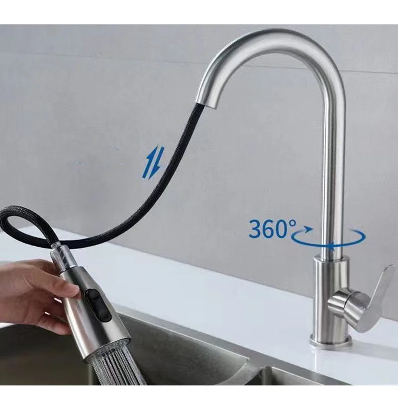 Stainless steel single hole kitchen faucet with brushed nickel finish, black flexible pull-down hose, and curved spout
