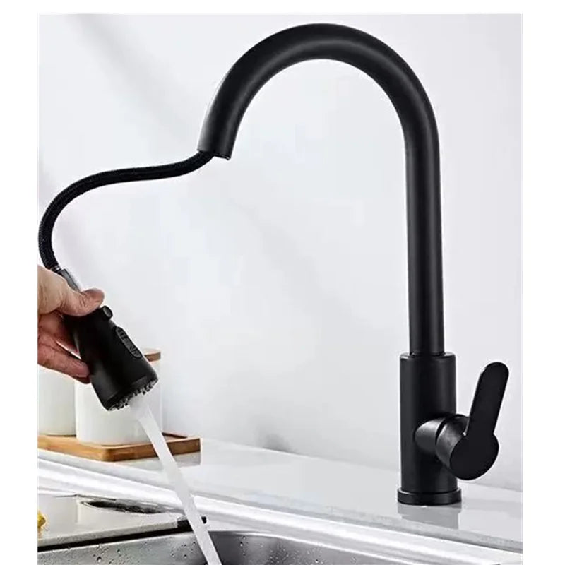 Black matte finish single hole kitchen faucet with pull down spray head and flexible hose stainless steel design