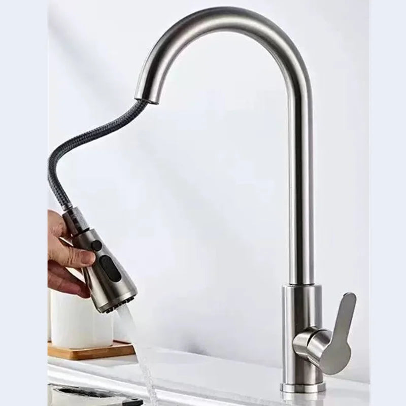 Stainless steel single hole kitchen faucet with pull-down brushed nickel curved spout and flexible hose in black
