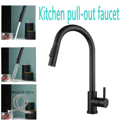 Black matte stainless steel single hole kitchen pull out faucet with curved spout and extendable spray head