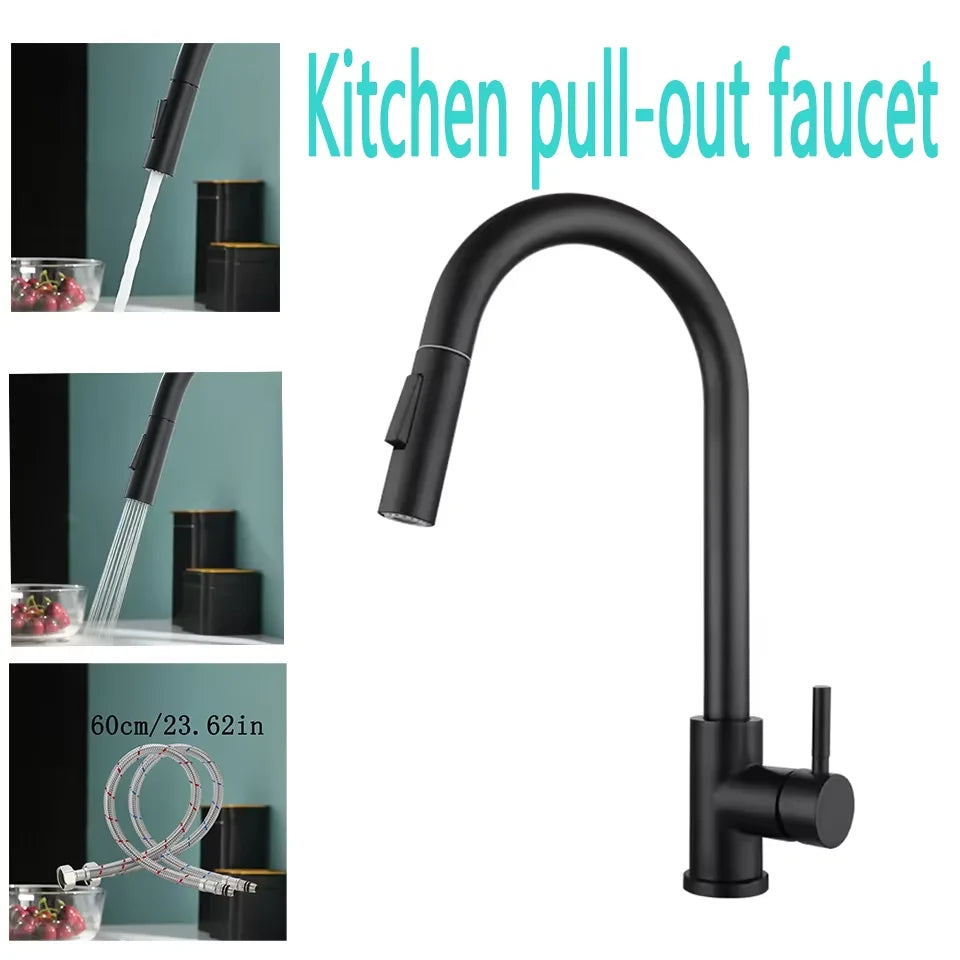 Black matte stainless steel single hole kitchen pull out faucet with curved spout and extendable spray head
