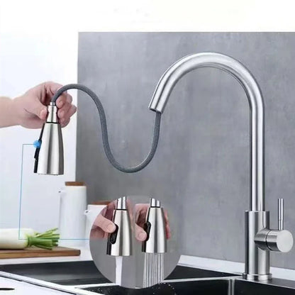 Stainless steel single hole kitchen faucet with pull-down flexible hose and brushed nickel finish for sink use