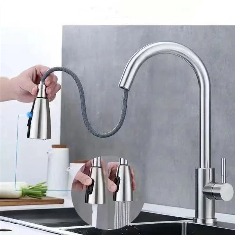 Stainless steel single hole kitchen faucet with pull-down flexible hose and brushed nickel finish for sink use