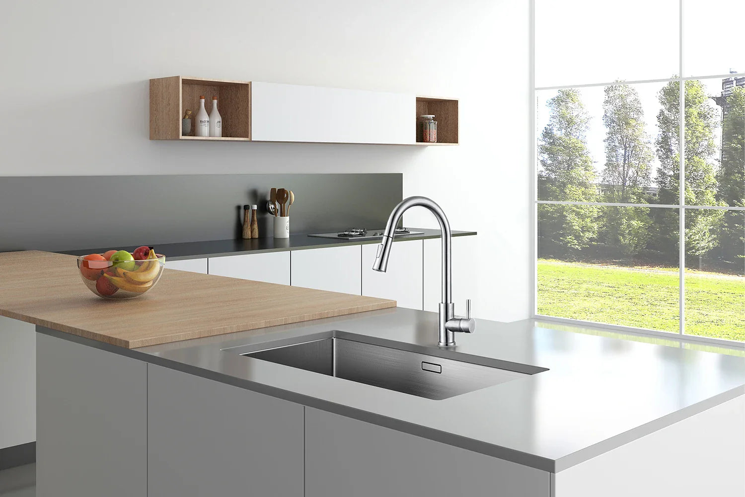 Modern stainless steel kitchen faucet with single hole installation featuring a sleek curved spout in brushed nickel