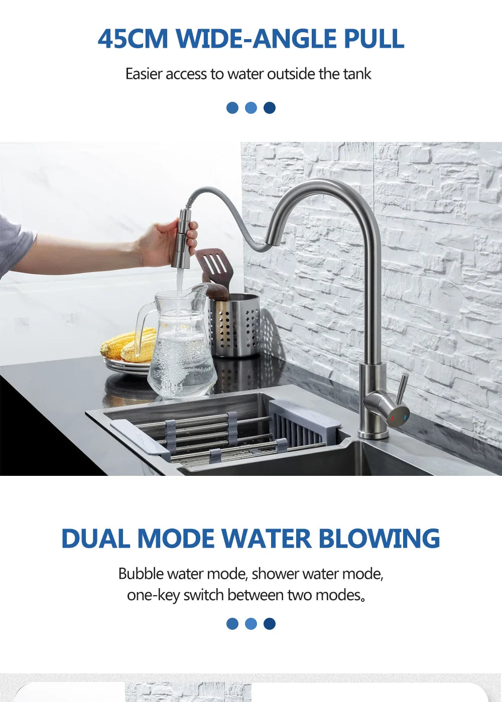 Stainless steel 45cm wide-angle pull-down kitchen faucet with dual mode water spray in brushed nickel for single hole installation
