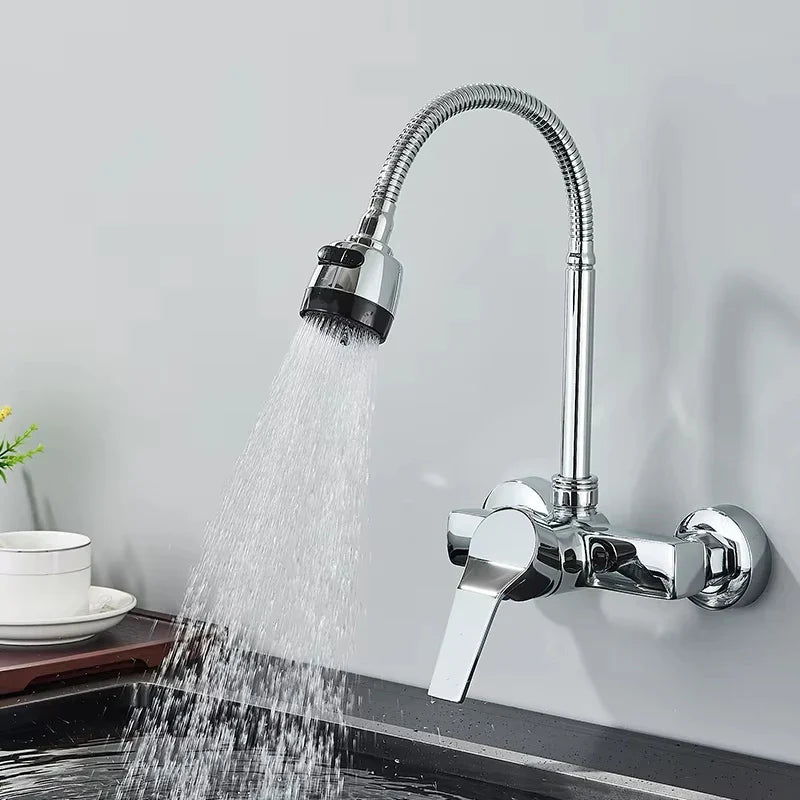 Chrome-finished wall mounted kitchen faucet with flexible gooseneck spout and single handle for hot and cold water mixing