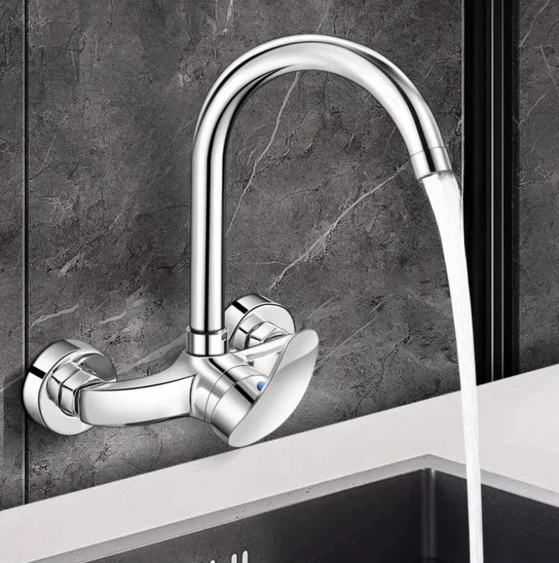 Chrome-finished wall mounted kitchen faucet with sleek curved spout and dual-handle design for hot and cold mixing