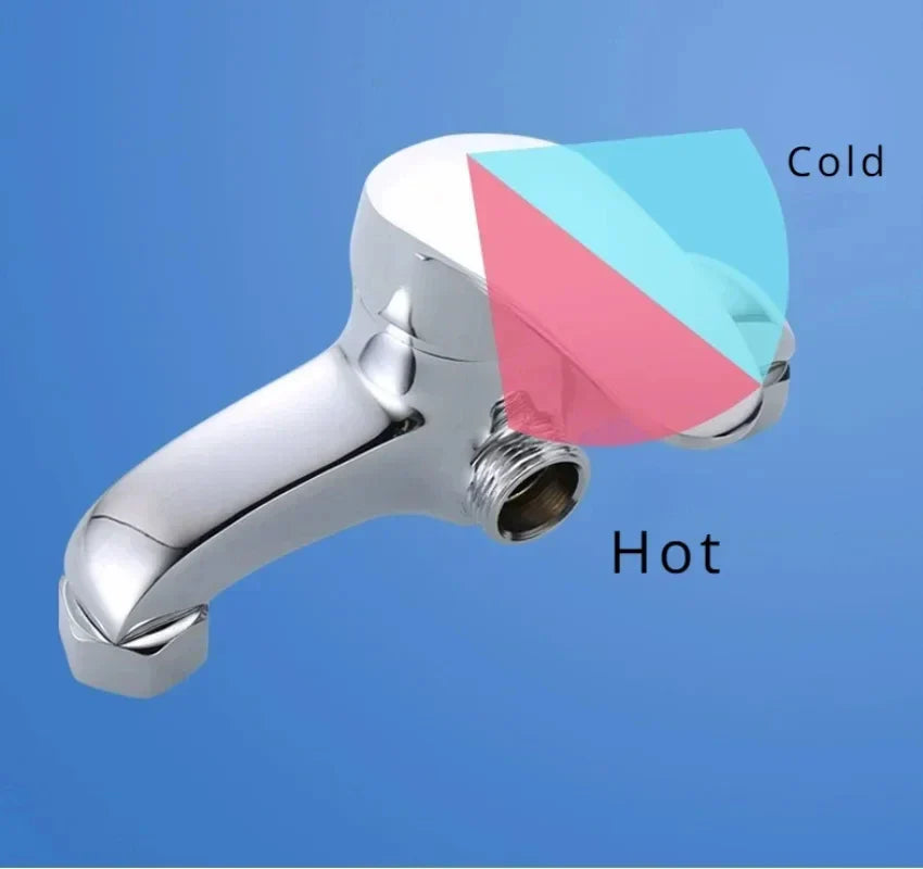 Shiny chrome kitchen faucet with dual triangular pink and blue handles for hot and cold water wall mounted design
