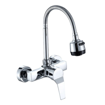 Chrome-finished wall mounted single handle kitchen faucet with flexible gooseneck spout and black rubberized spray head