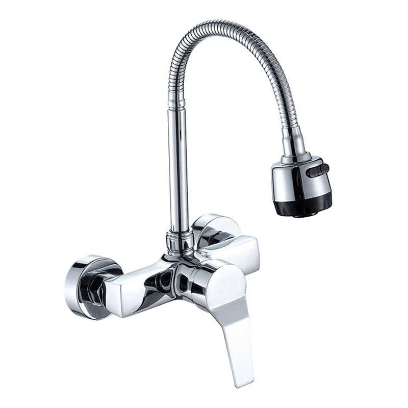 Chrome-finished wall mounted single handle kitchen faucet with flexible gooseneck spout and black rubberized spray head