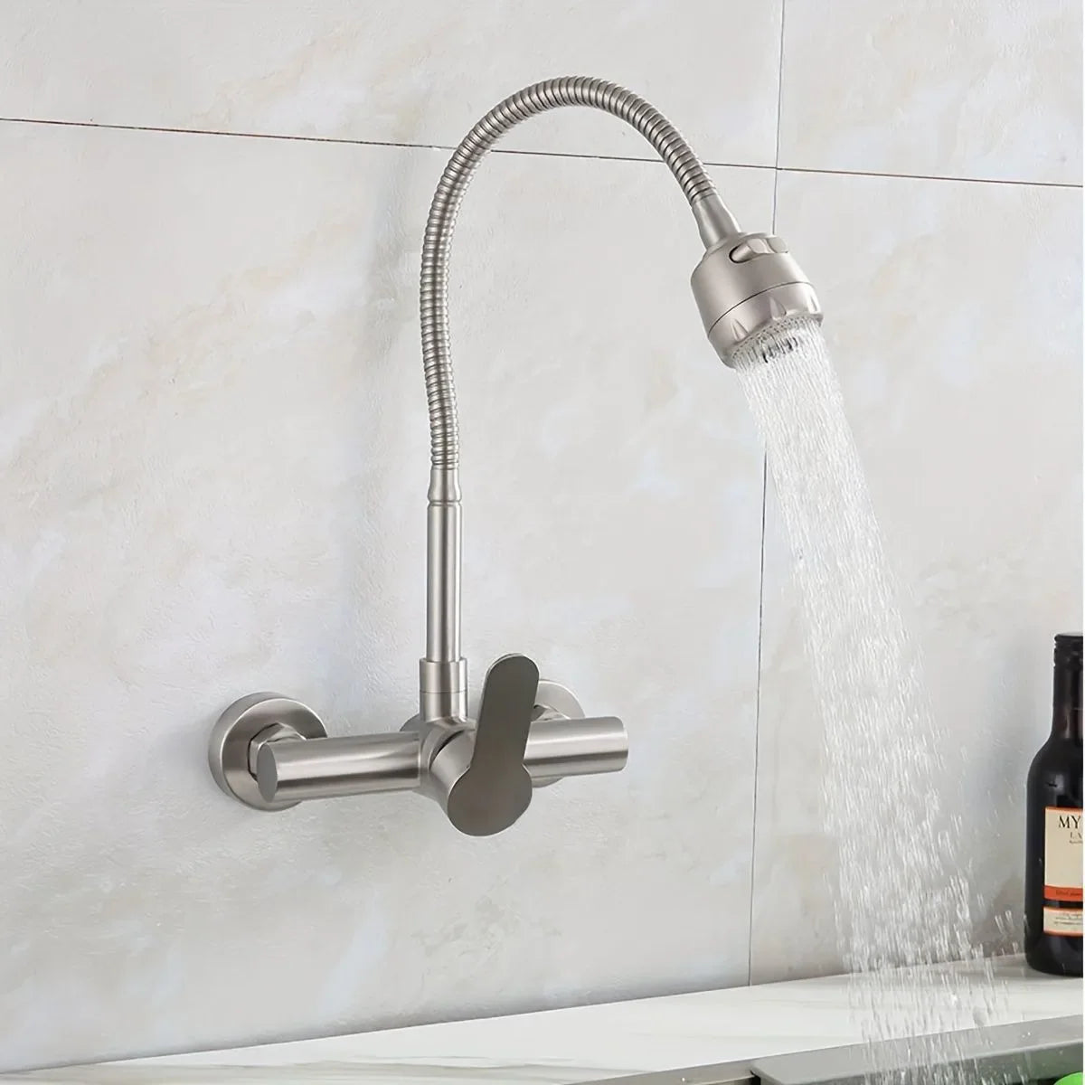 Stainless steel wall mounted kitchen faucet with single handle flexible gooseneck spout and pull out spray head