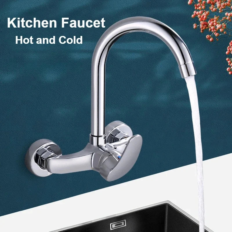 Chrome finished wall mounted kitchen faucet with sleek curved spout and dual handles for hot and cold water mixing