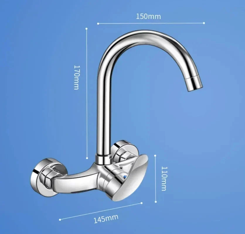 Chrome-finished kitchen hot and cold water mixing faucet with sleek curved spout and wall mounted single handle design