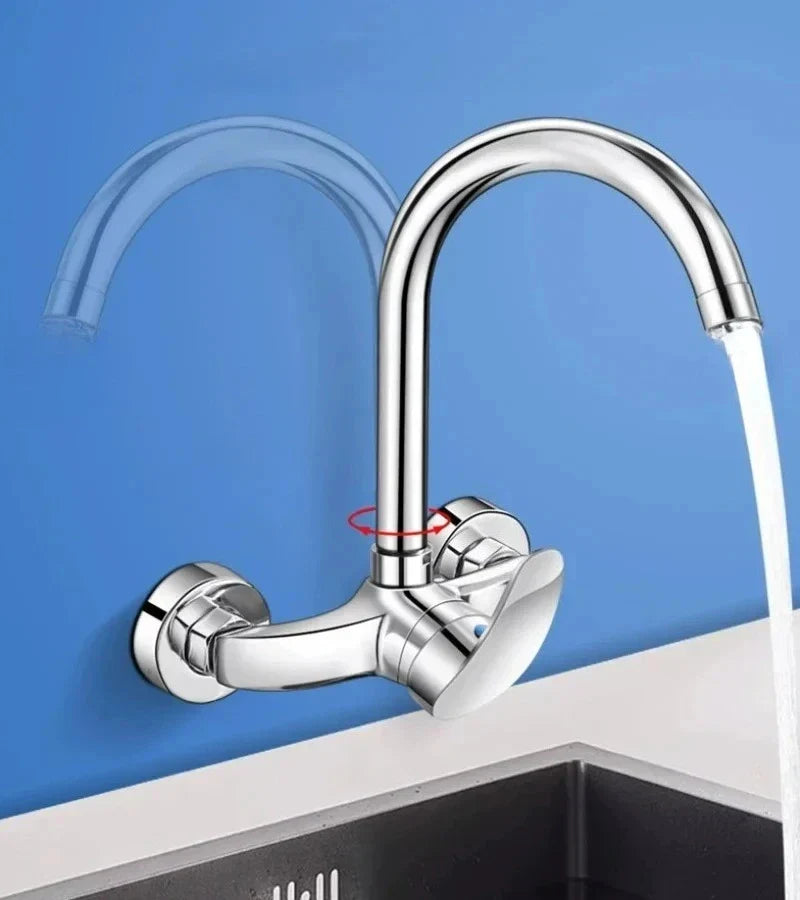 Chrome-finished wall mounted kitchen faucet with sleek curved spout and dual-handle design for hot and cold water mixing