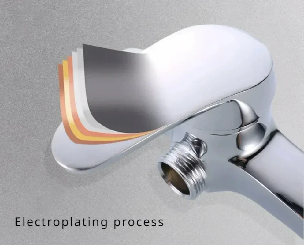 Chrome-finished wall mounted kitchen shower faucet with single handle and visible layered electroplating process