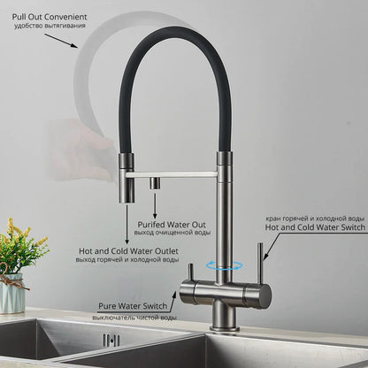 Modern stainless steel kitchen water filter faucet with sleek black flexible hose single hole dual spout mixer tap