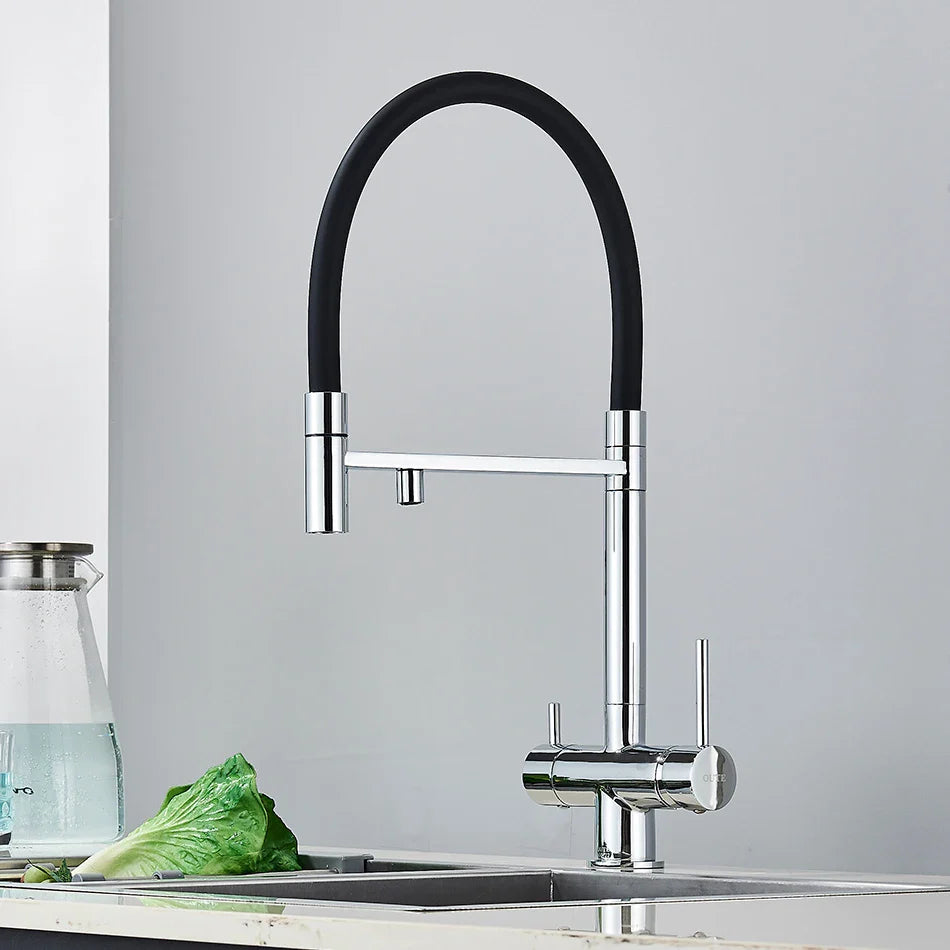 Modern chrome kitchen water filter faucet with flexible black hose dual handles and single hole installation for pure water