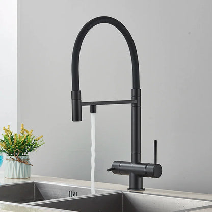 Black matte single hole kitchen water filter faucet with curved spout pull-down spray head for drinking water purification
