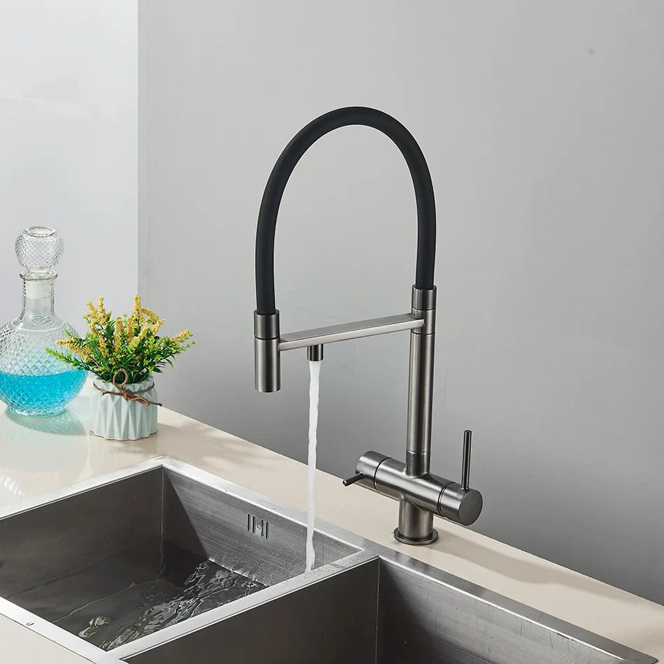 Modern matte black and brushed stainless steel single hole kitchen water filter faucet with flexible gooseneck spout and dual tap feature