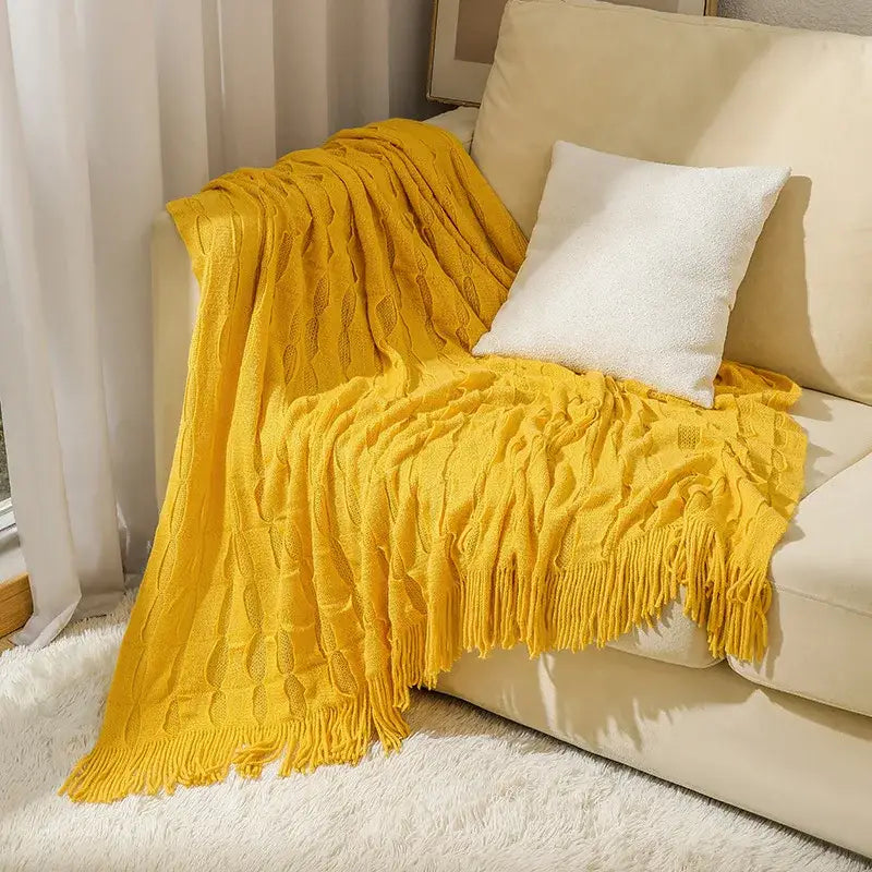 Vibrant yellow decorbites knitted geometric throw blanket with cable knit texture and fringed edges for bedroom softness
