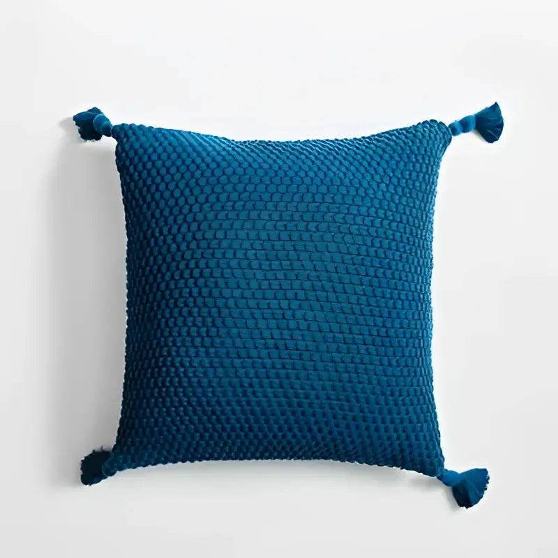 Teal blue knitted throw pillow with textured weave and tassels matching decorbites knitted grey ivory pillow cover set
