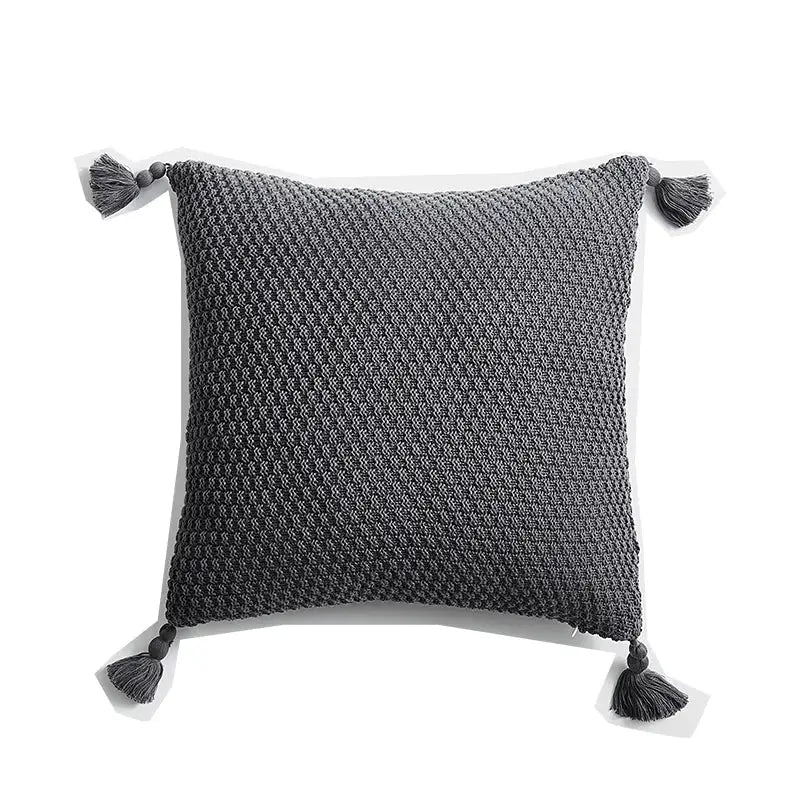 Gray knitted throw pillow cover with textured weave and tassels matching decorbites knitted grey ivory set