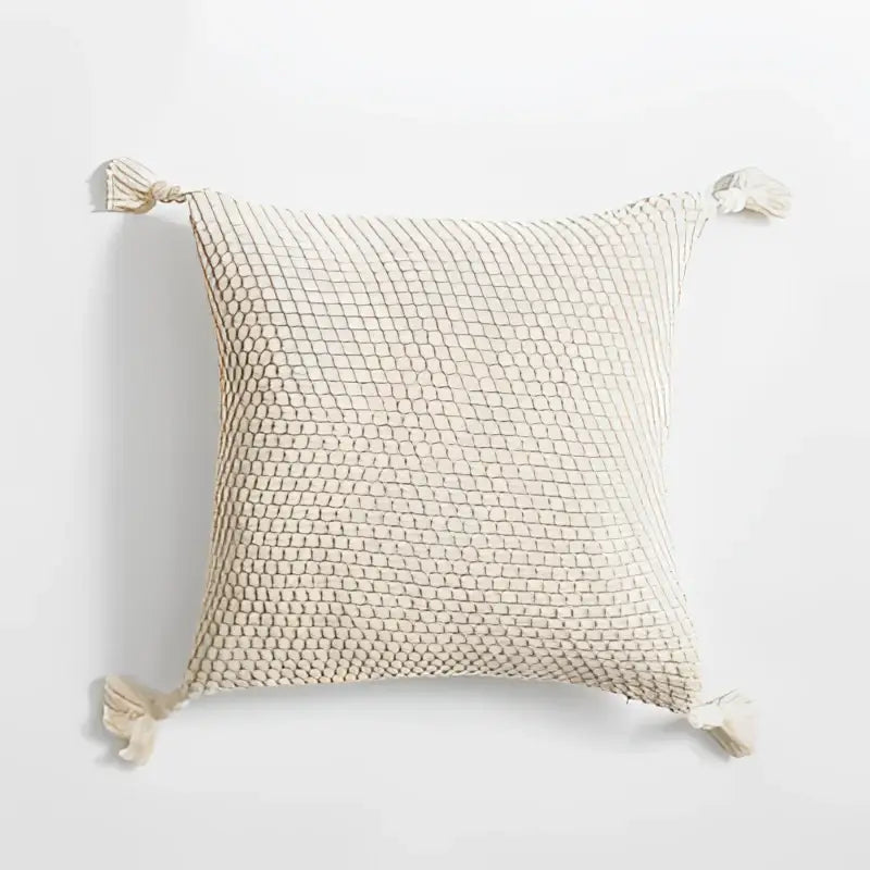 Beige woven throw pillow cover with tassels at each corner from decorbites knitted grey ivory geometric set