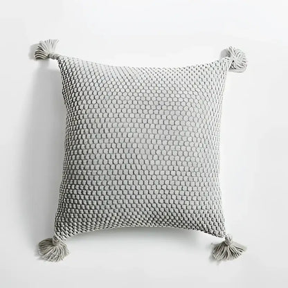 Knitted grey ivory pillow cover set featuring a textured weave and matching tassels for living room decorbites decor