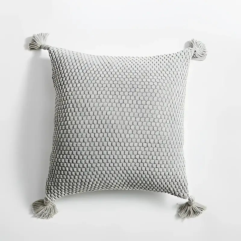 Knitted grey ivory pillow cover set featuring a textured weave and matching tassels for living room decorbites decor