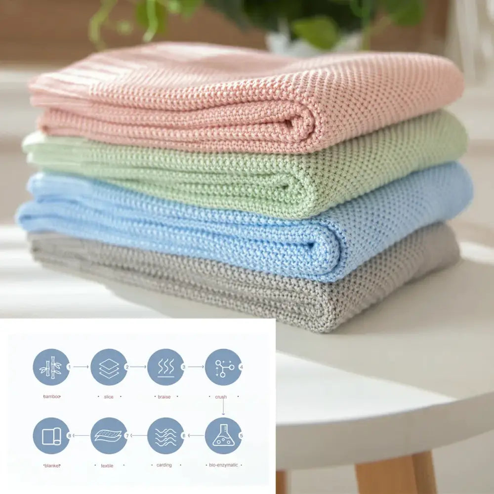 Stack of four pastel textured knit bamboo baby blankets in pink green blue and gray for nursery use